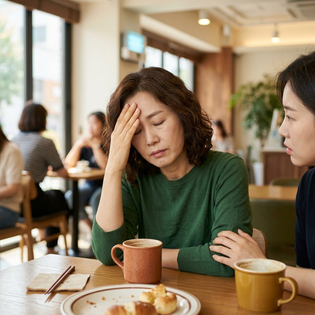 40대 여성이 카페에서 친구와 대화하며 피곤한 표정으로 이마를 짚고 있는 모습