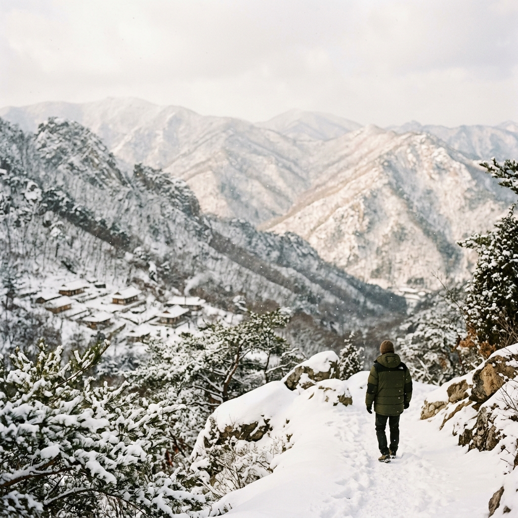 눈 내리는 겨울 산 풍경