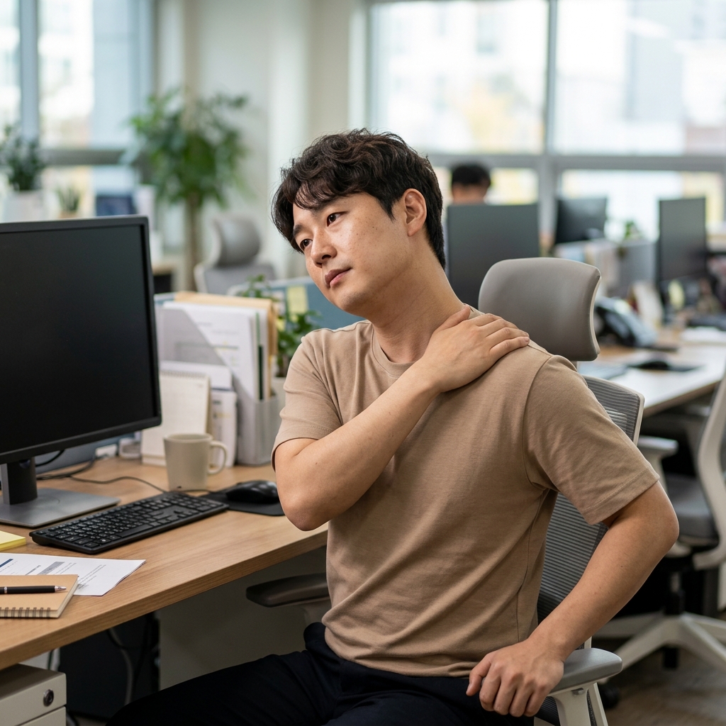 사무실 책상 앞에 앉아 한 손으로 의자를 잡고 고개를 옆으로 기울이며 목 스트레칭을 하는 30대 직장인