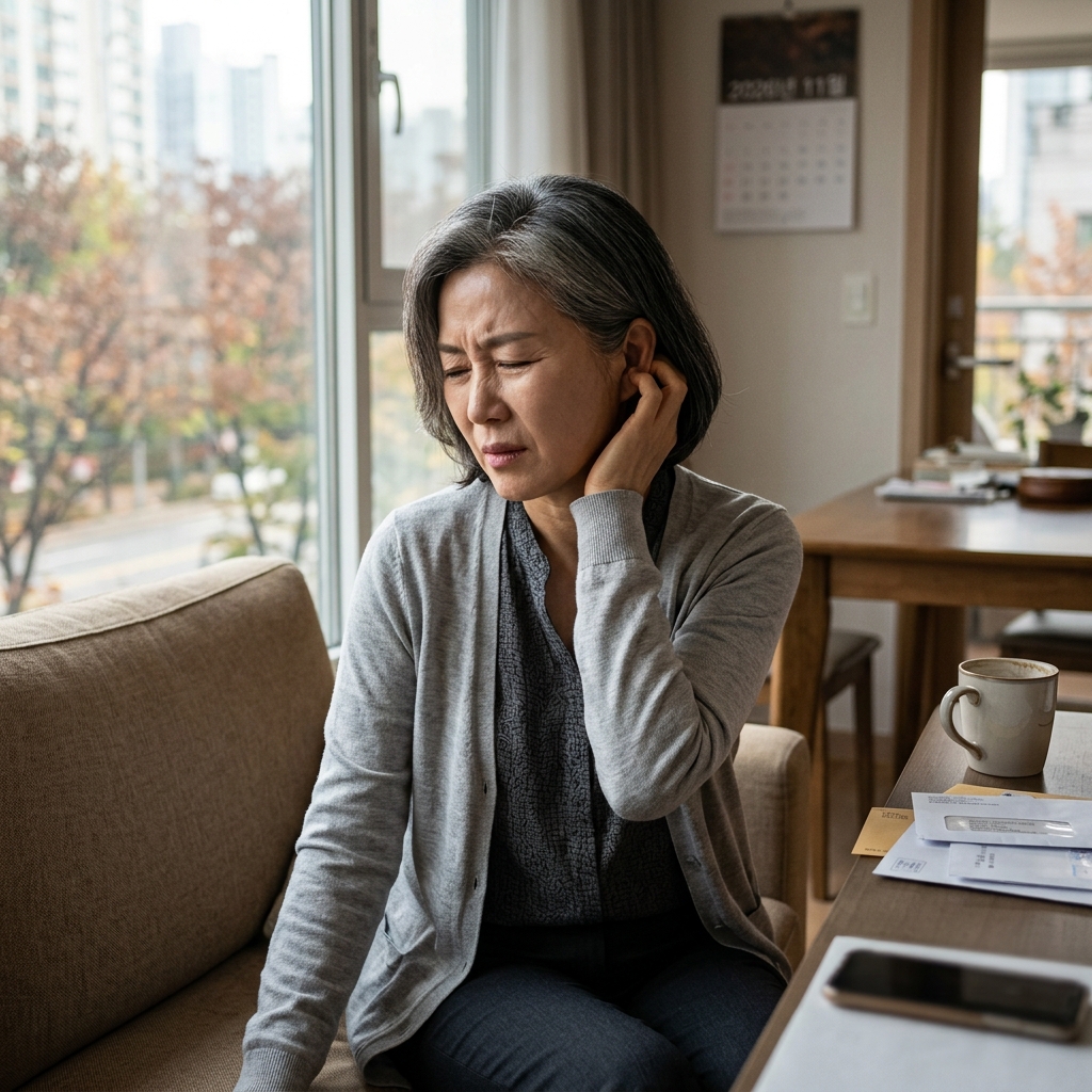 귀 뒤를 손으로 만지며 통증을 느끼는 표정의 50대 중반 여성, 얇은 카디건 차림, 밝은 실내