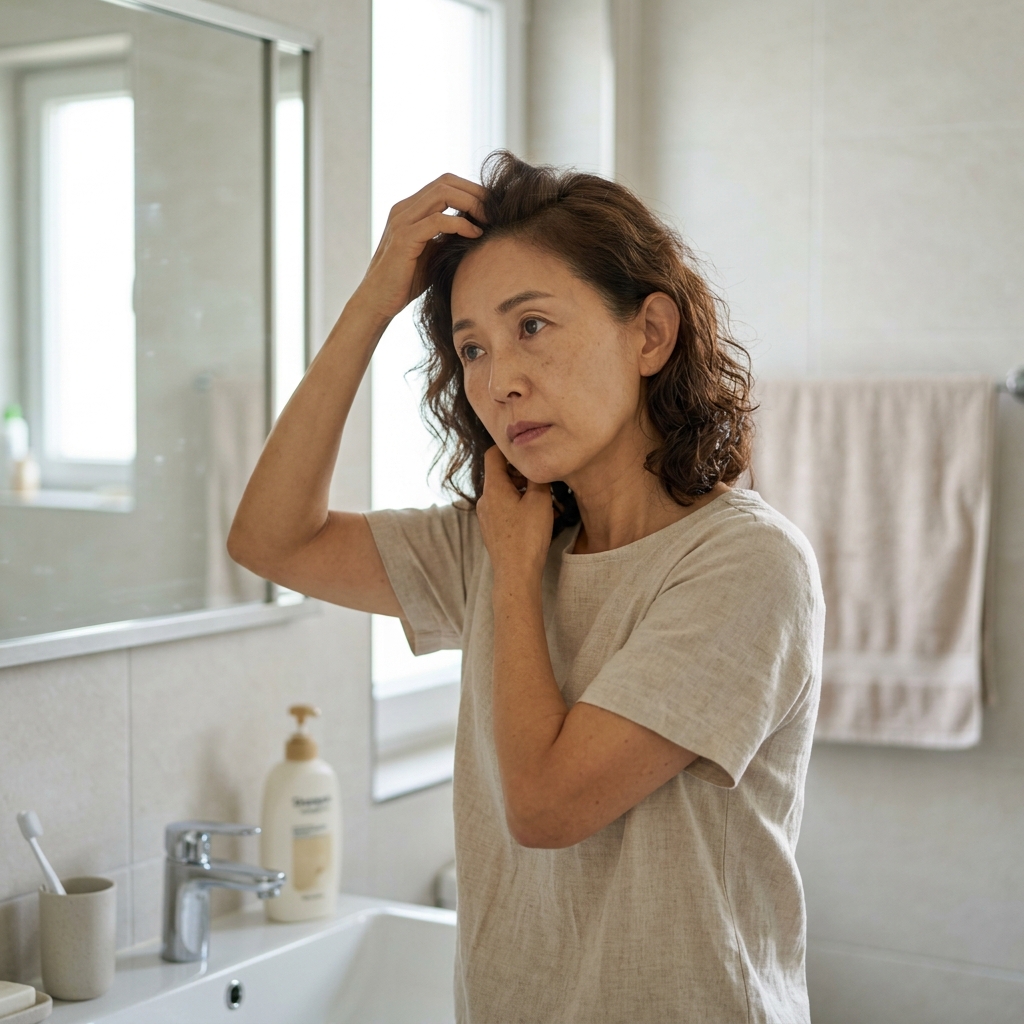 욕실 거울 앞에서 두피를 손가락으로 살피며 걱정스러운 표정을 짓는 중년 여성, 반소매 티셔츠 차림, 밝은 자연광
