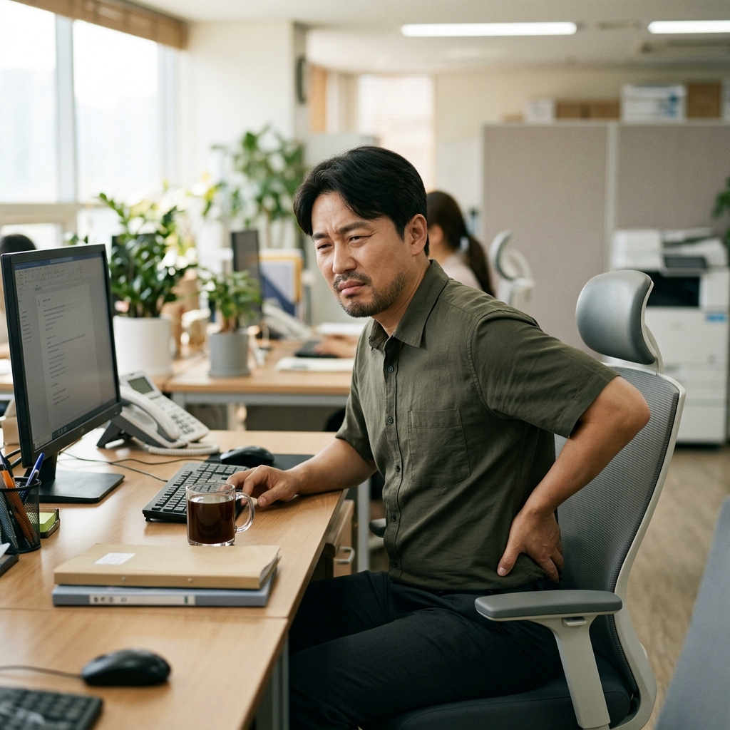 사무실 책상 앞 의자에 앉아 허리를 한 손으로 짚으며 뻐근한 표정을 짓고 있는 40대 직장인, 반팔 셔츠 착용, 밝은 실내 조명
