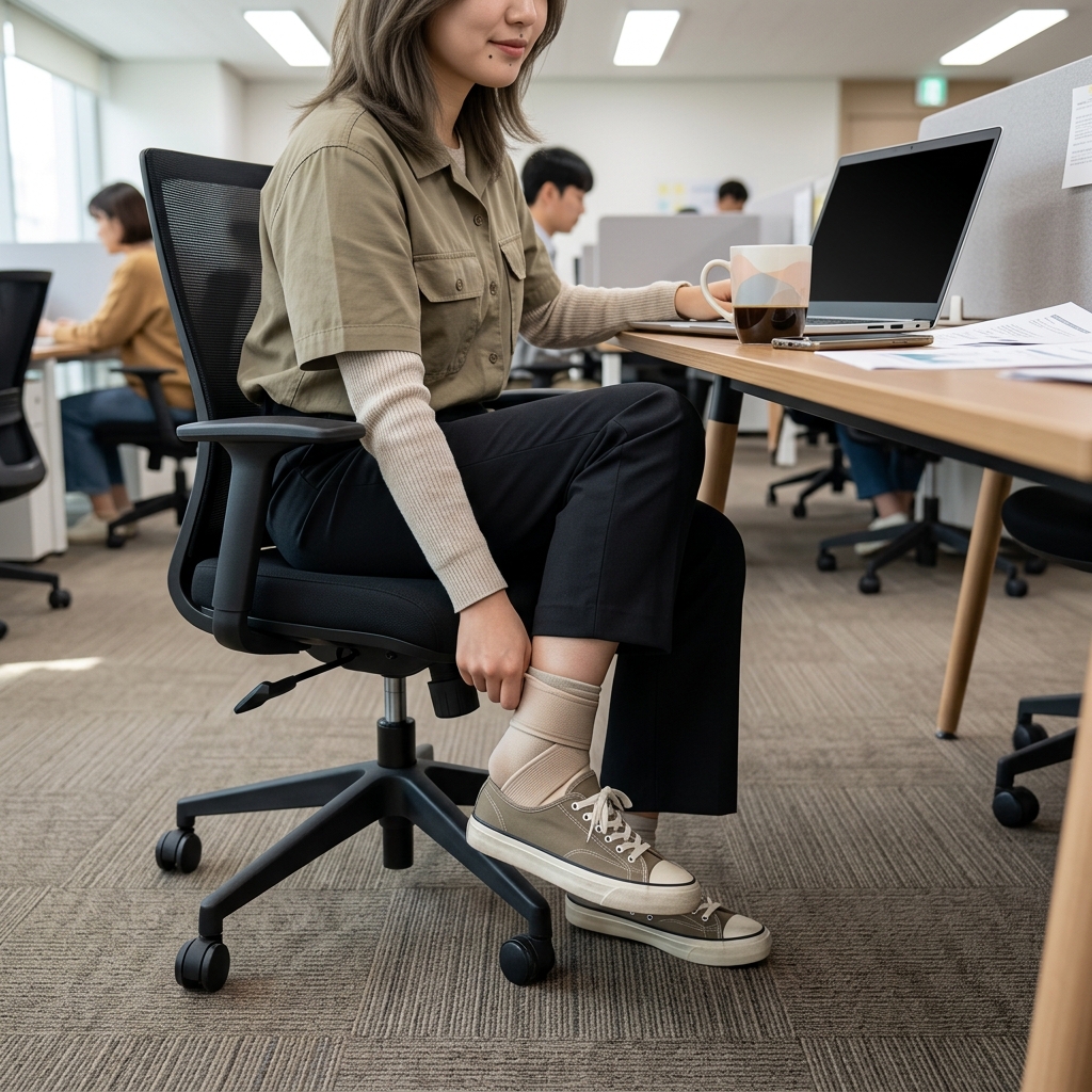 책상 위 노트북과 머그컵 옆에서 발목을 들어 올린 직장인의 발과 의자 다리, 실내 조명이 밝은 사무실 배경