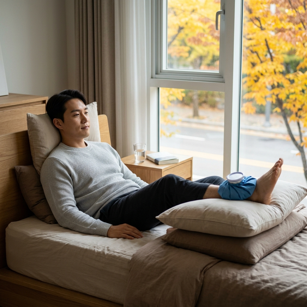 침대에 누운 중년 남성이 발목에 얼음주머니를 대고 베개 위에 다리를 올려놓은 모습, 창밖으로 가을 나뭇잎이 보임