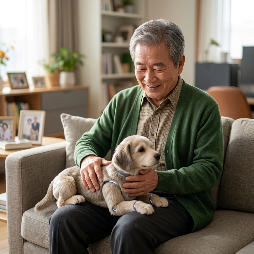 거실 소파에 앉아 로봇 강아지를 무릎에 올리고 쓰다듬는 70대 어르신의 따뜻한 표정