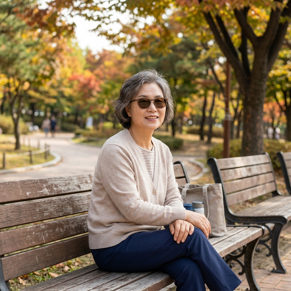 밝은 베이지 카디건과 네이비 팬츠를 입고 브라운 프레임 선글라스를 쓴 60대 여성이 공원 벤치에 앉아 미소 짓는 모습