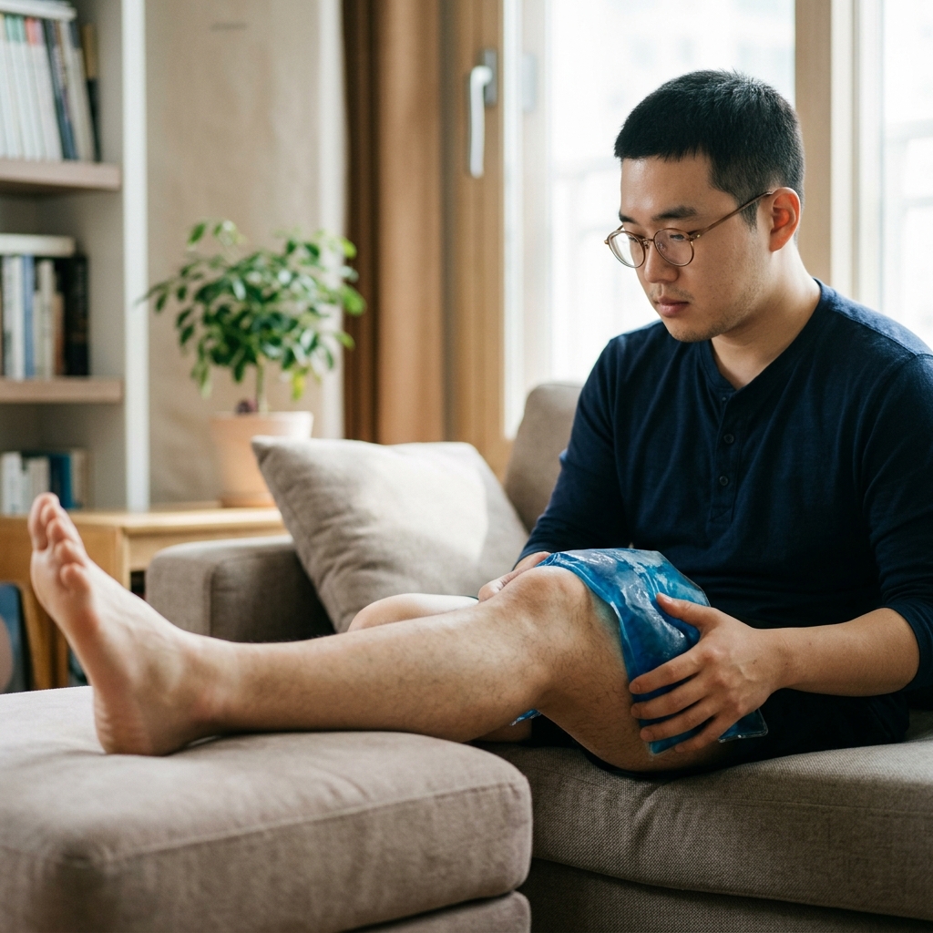허벅지 뒤에 냉찜질 팩을 대고 다리를 높인 자세로 앉아 있는 남성
