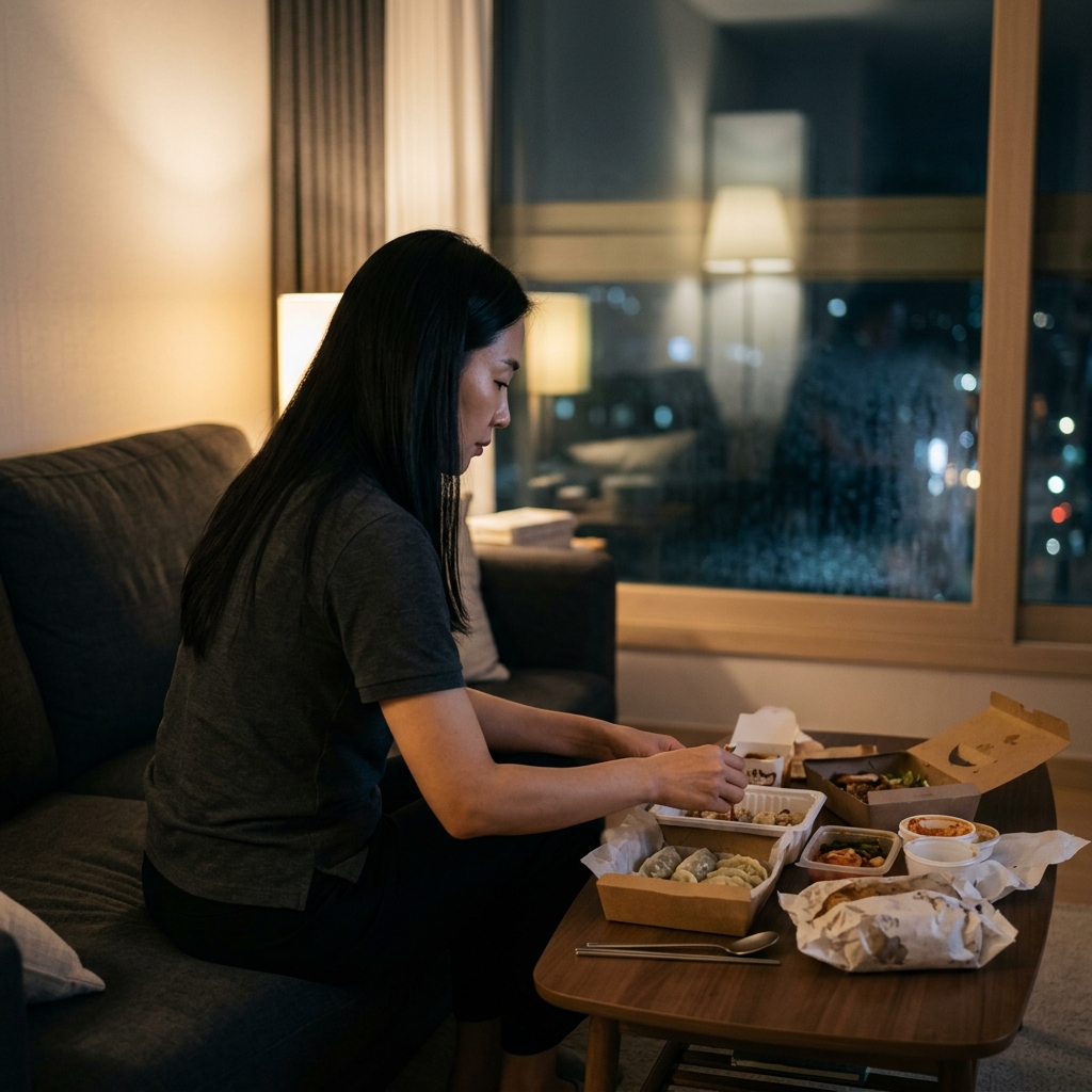 늦은 밤 거실 소파에 앉아 배달 음식 포장을 뜯고 있는 30대 후반 직장인 남성, 창밖은 어둡고 실내 조명만 켜진 장면