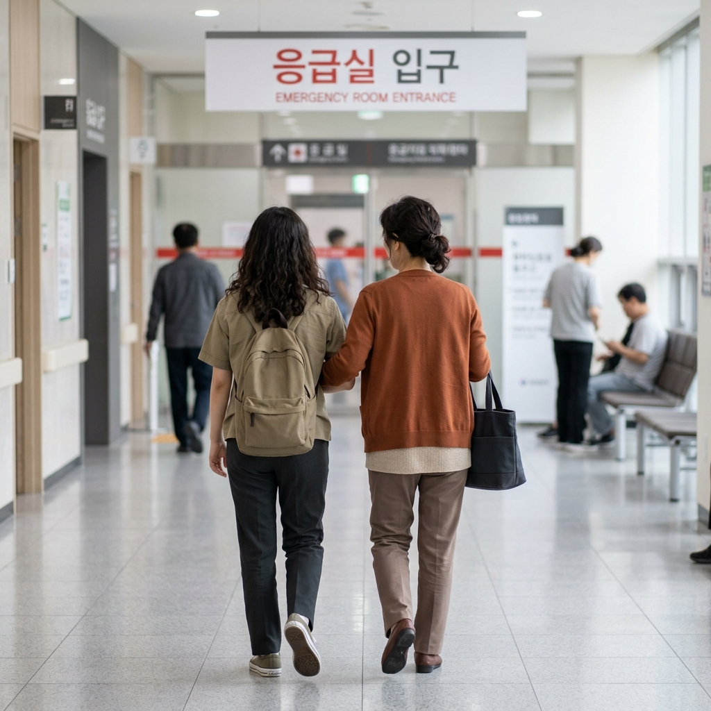 병원 응급실 입구 앞 복도를 걷는 환자와 보호자의 뒷모습