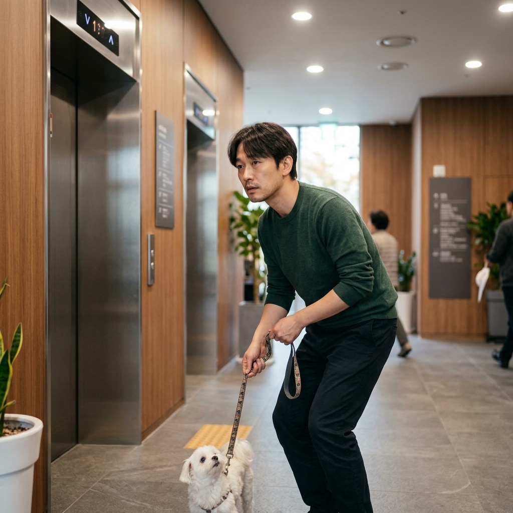 엘리베이터 앞에서 반려견 목줄을 짧게 잡고 서 있는 보호자와 소형견