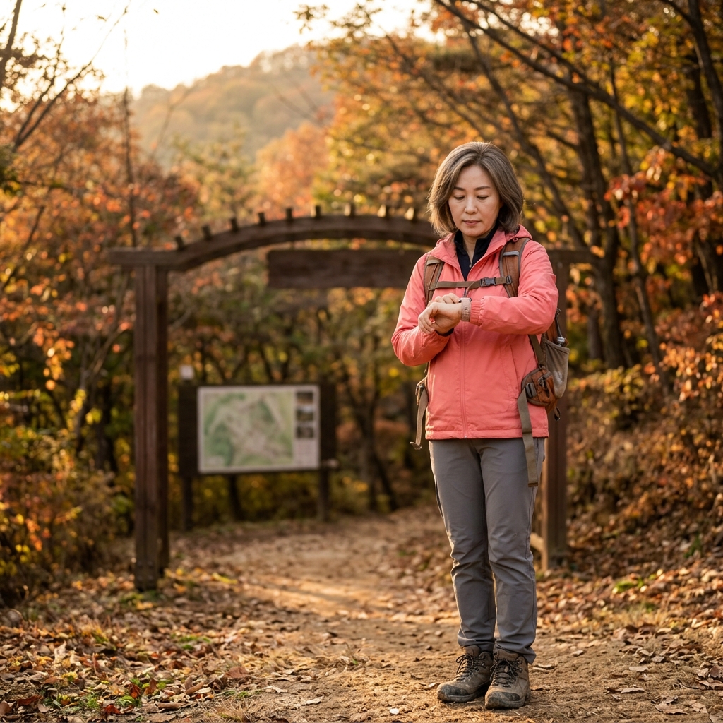 오후 늦은 시각 등산로 입구에서 시계를 확인하며 출발 여부를 고민하는 중년 등산객의 모습