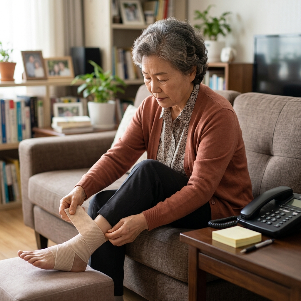 70대 여성이 집 안 소파에 앉아 발목에 붕대를 감고 있는 모습, 옆 탁자에 전화기와 메모지가 놓여 있다