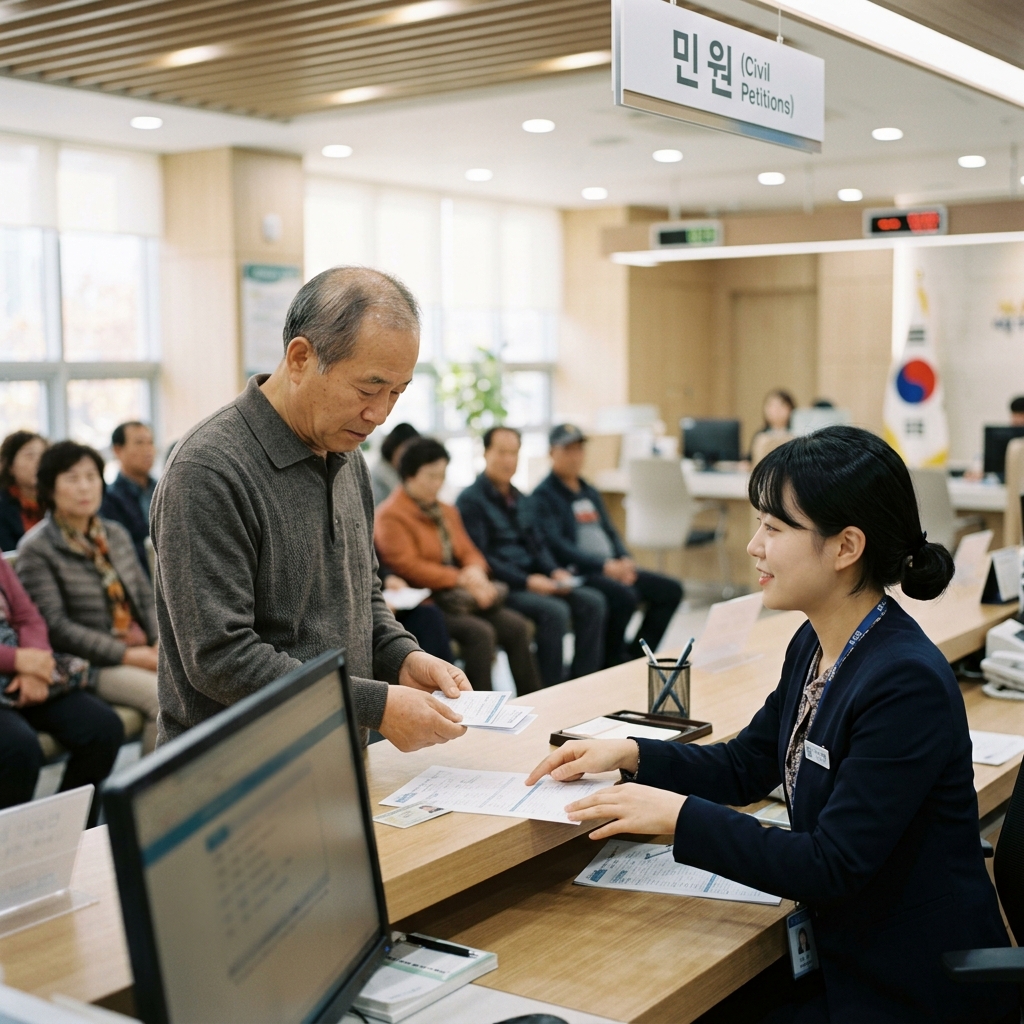행정복지센터 창구에서 60대 남성이 서류를 제출하고 있고, 직원이 안내 중인 장면