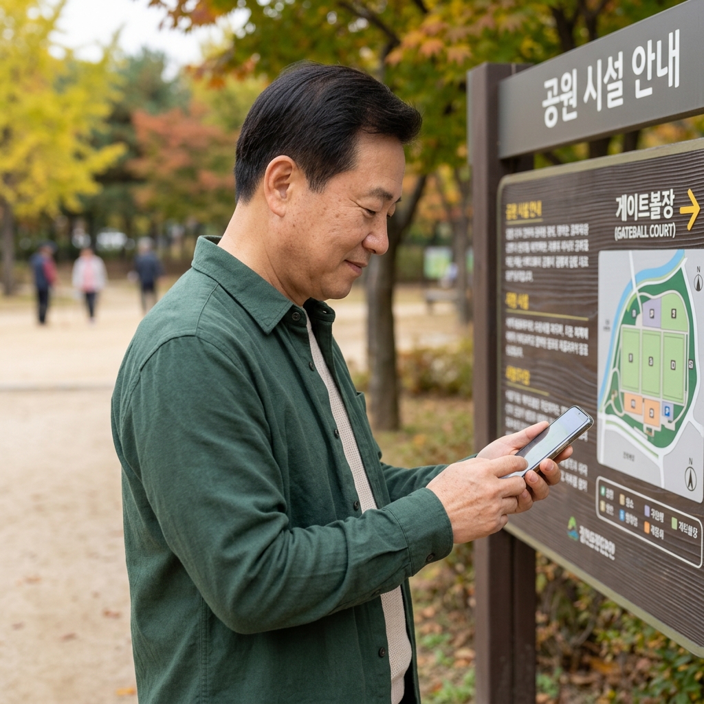 60대 여성이 가벼운 카디건을 걸치고 공원 게이트볼장 안내판 앞에서 스마트폰으로 위치를 확인하는 모습
