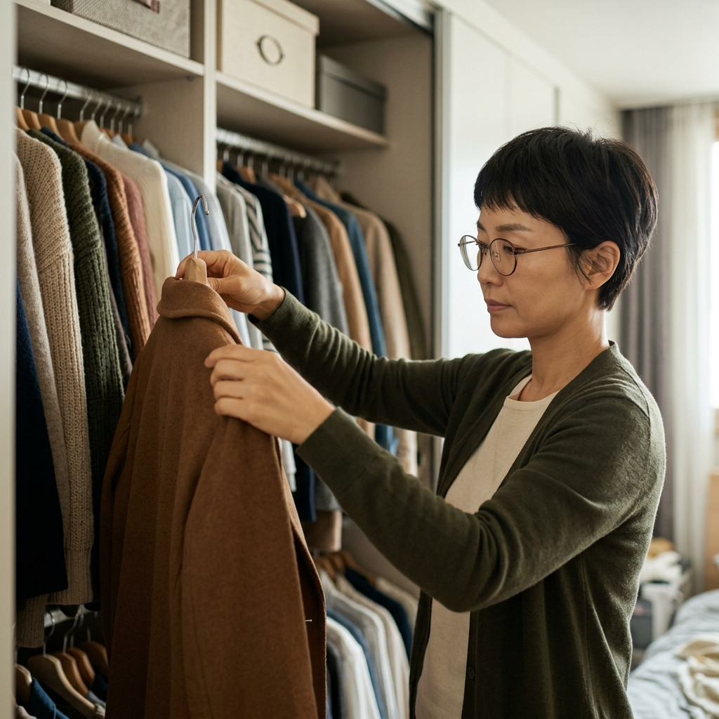 옷장 속 걸린 옷들 사이에서 코트 한 벌을 꺼내 들고 확인하는 60대 초반 여성, 실내 조명, 긴팔 카디건 착용
