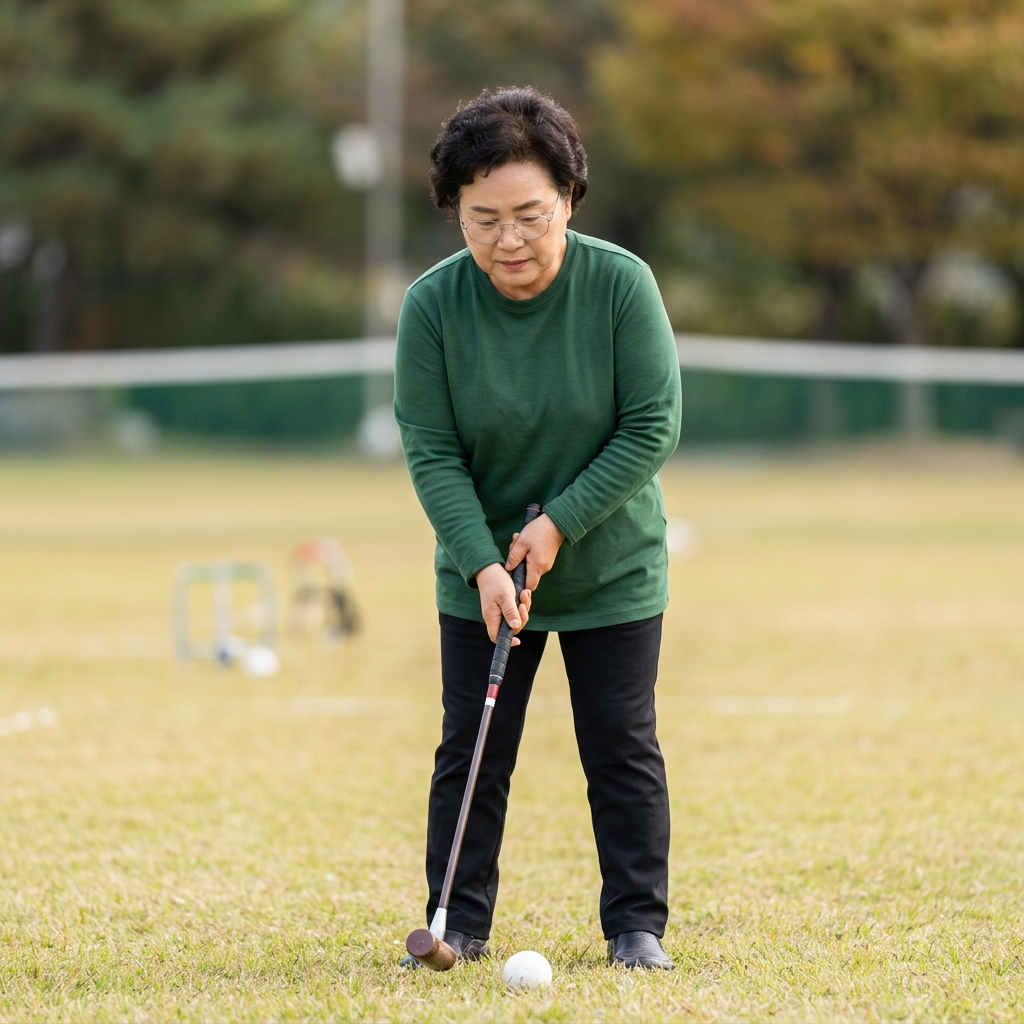 야외 잔디 운동장에서 60대 후반 여성이 게이트볼 스틱을 양손으로 잡고 발 앞에 놓인 공을 내려다보며 자세를 잡고 있는 모습