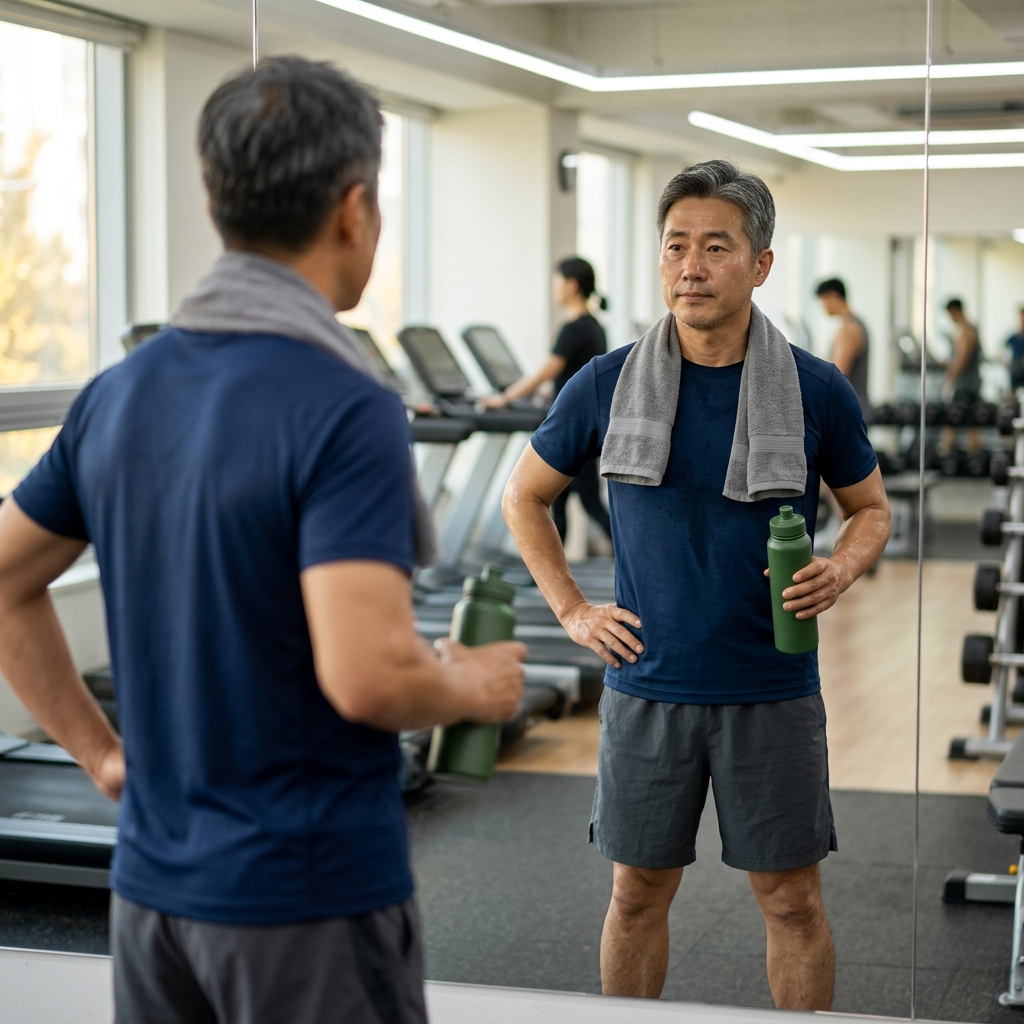운동 후 물병을 들고 타월로 목을 감싼 채 거울 앞에서 자세를 확인하는 중장년 성인의 모습