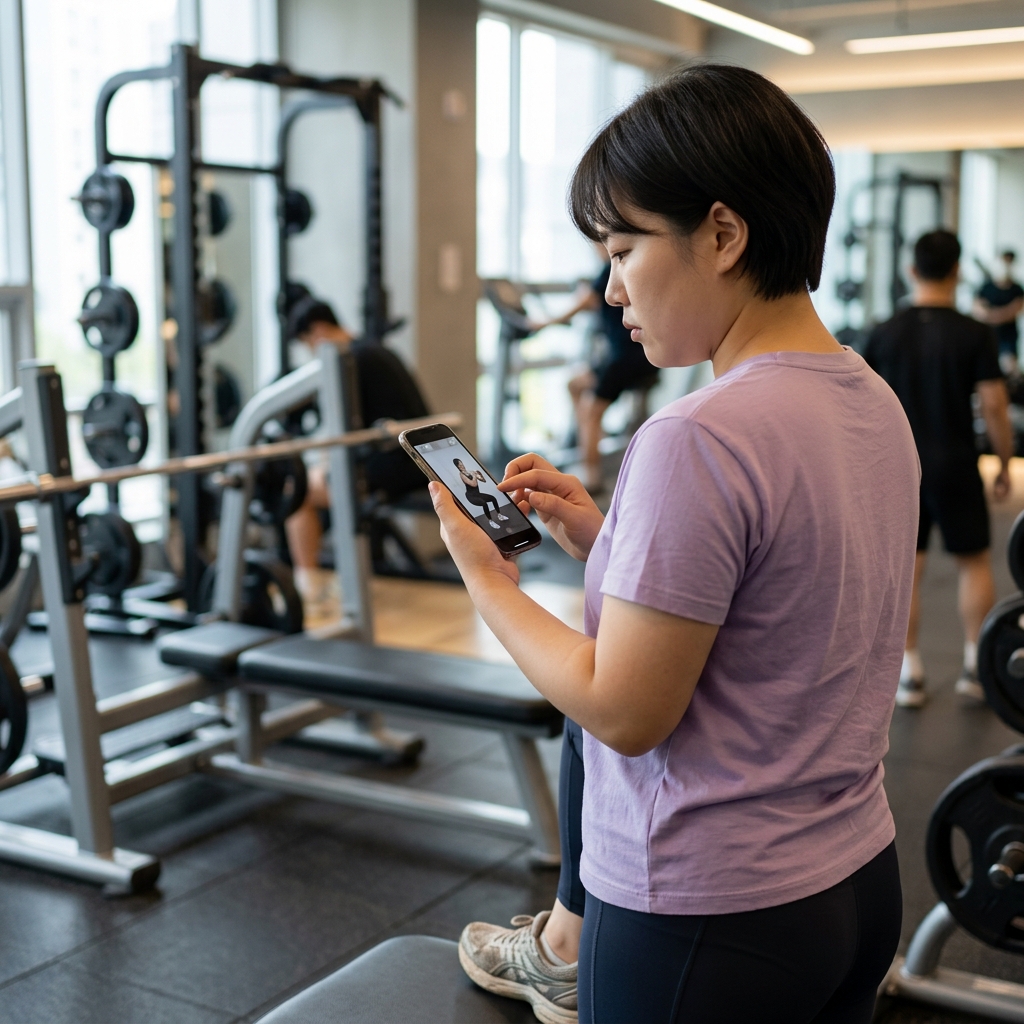 헬스장 기구 앞에서 스마트폰으로 운동 영상을 확인하며 고민하는 40대 성인의 모습