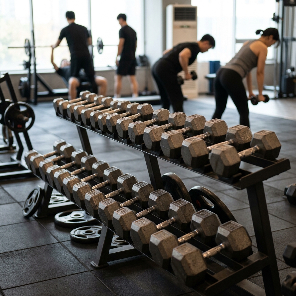 헬스장 프리웨이트 존에서 여러 무게의 덤벨이 놓인 랙 앞 모습, 배경에 운동하는 사람들의 실루엣