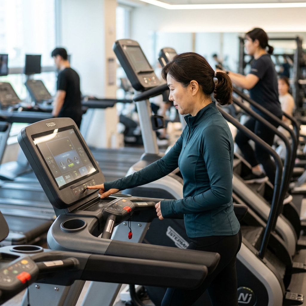 헬스장에서 50대 여성이 러닝머신 경사 걷기 버튼을 확인하며 옆에 스텝밀 기구가 보이는 장면, 긴팔 운동복 차림, 실내 조명 아래