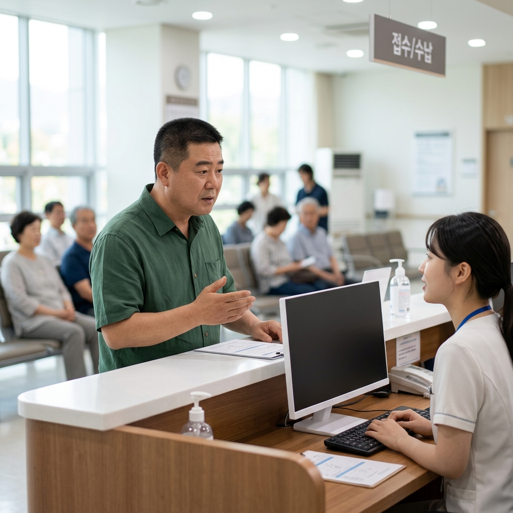 60대 중반 남성이 제주 병원 안내 데스크 앞에서 접수 직원과 대화하는 모습, 반팔 셔츠 차림, 밝은 실내 조명
