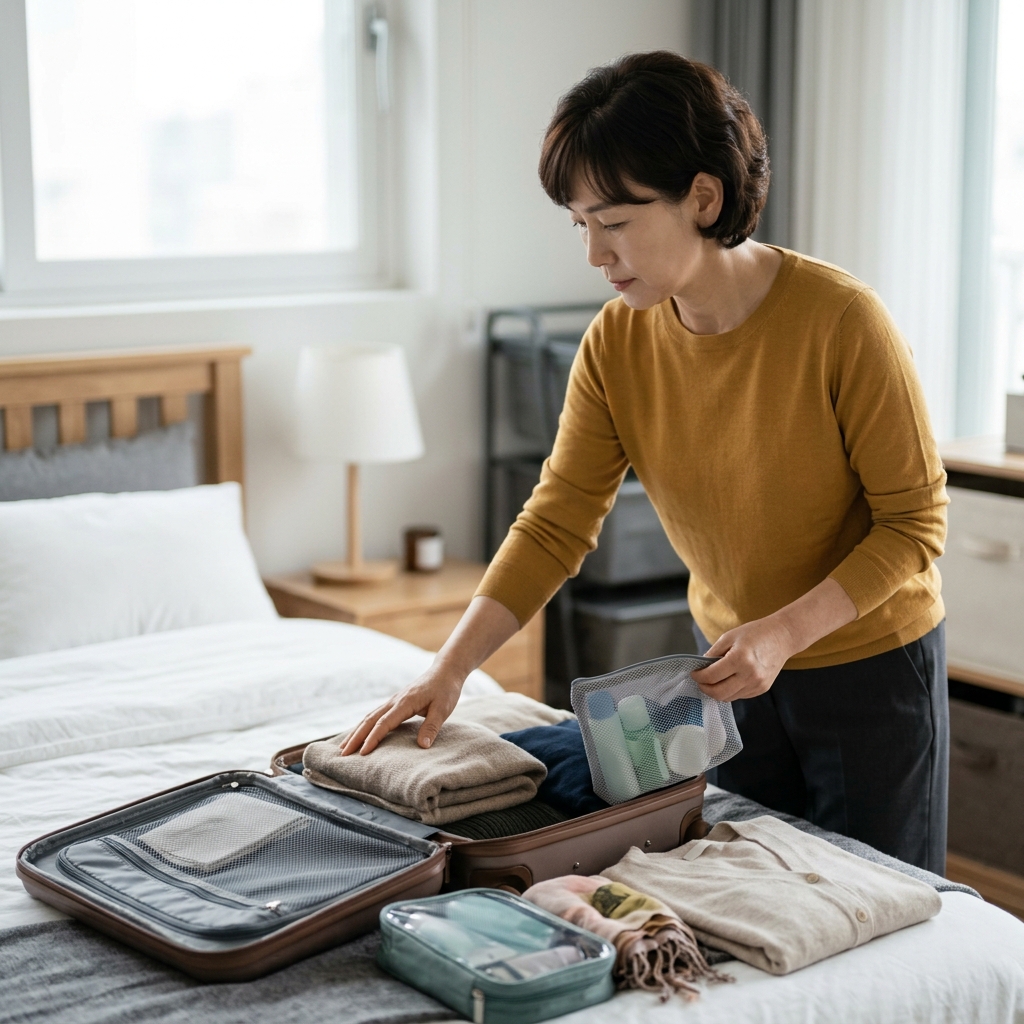 침대 위 캐리어에 옷과 세면도구를 정리하는 60대 여성