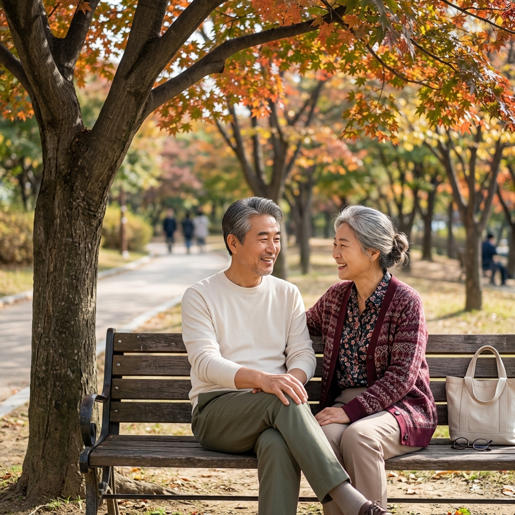 벤치에 앉아 쉬고 있는 70대 부부, 밝은 표정으로 나무 그늘 아래 휴식하는 모습