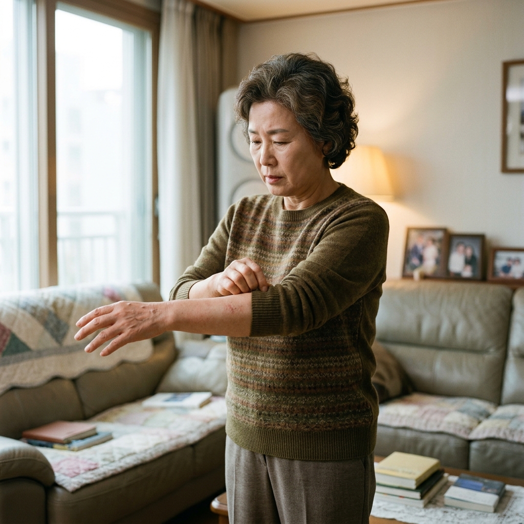 긴 소매 옷을 입은 60대 후반 여성이 실내 거실에서 팔을 펼쳐 손등과 팔꿈치 주변 피부 상태를 살펴보고 있는 모습