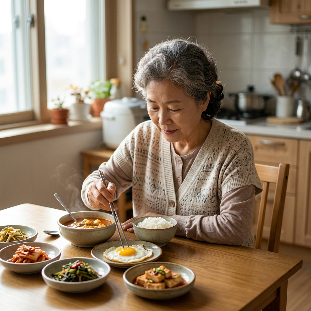 70대 여성이 식탁에 앉아 찌개와 밥 사이에 접시에 담긴 달걀 프라이를 먼저 집어 먹고 있는 장면, 창밖으로 부드러운 오전 햇살이 들어오는 실내