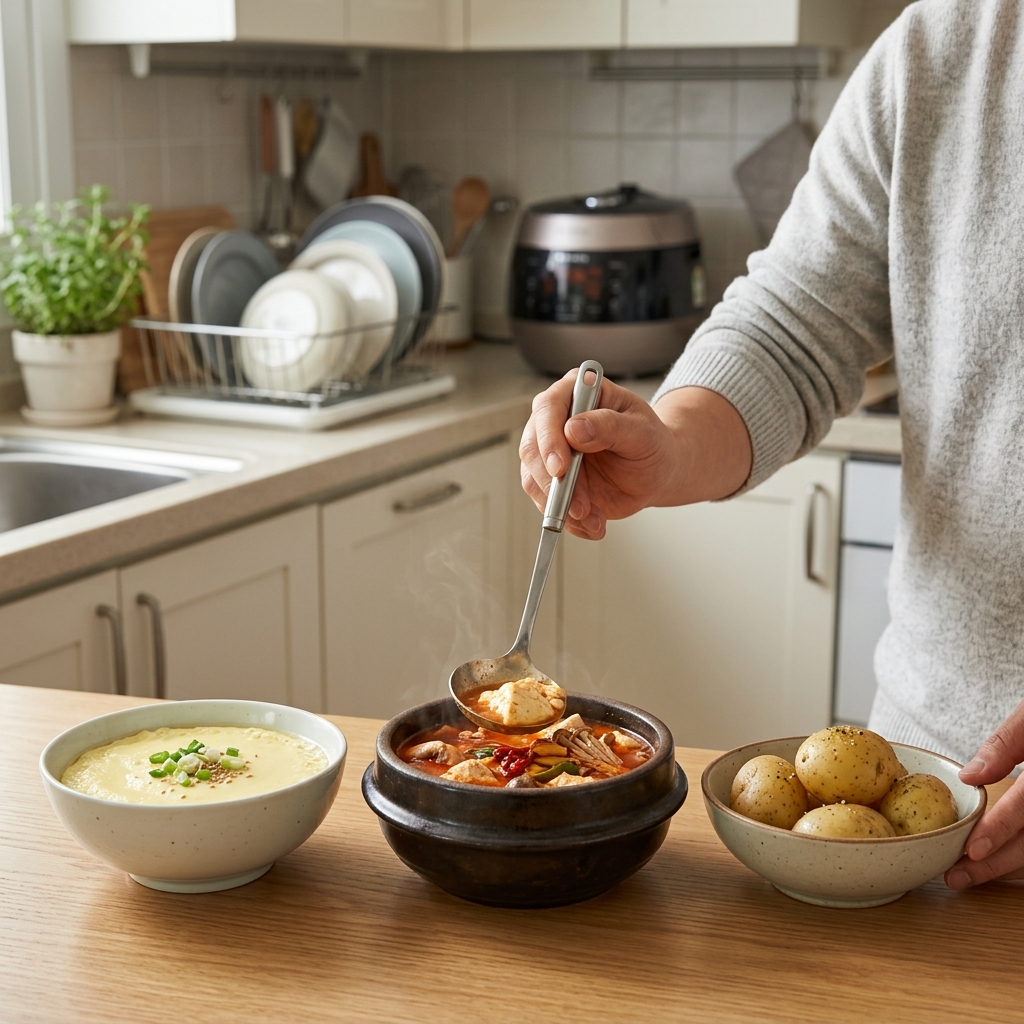 부엌 조리대 위에 달걀찜, 순두부찌개, 삶은 감자가 담긴 그릇이 나란히 놓여 있고 손이 국자로 순두부를 뜨는 장면