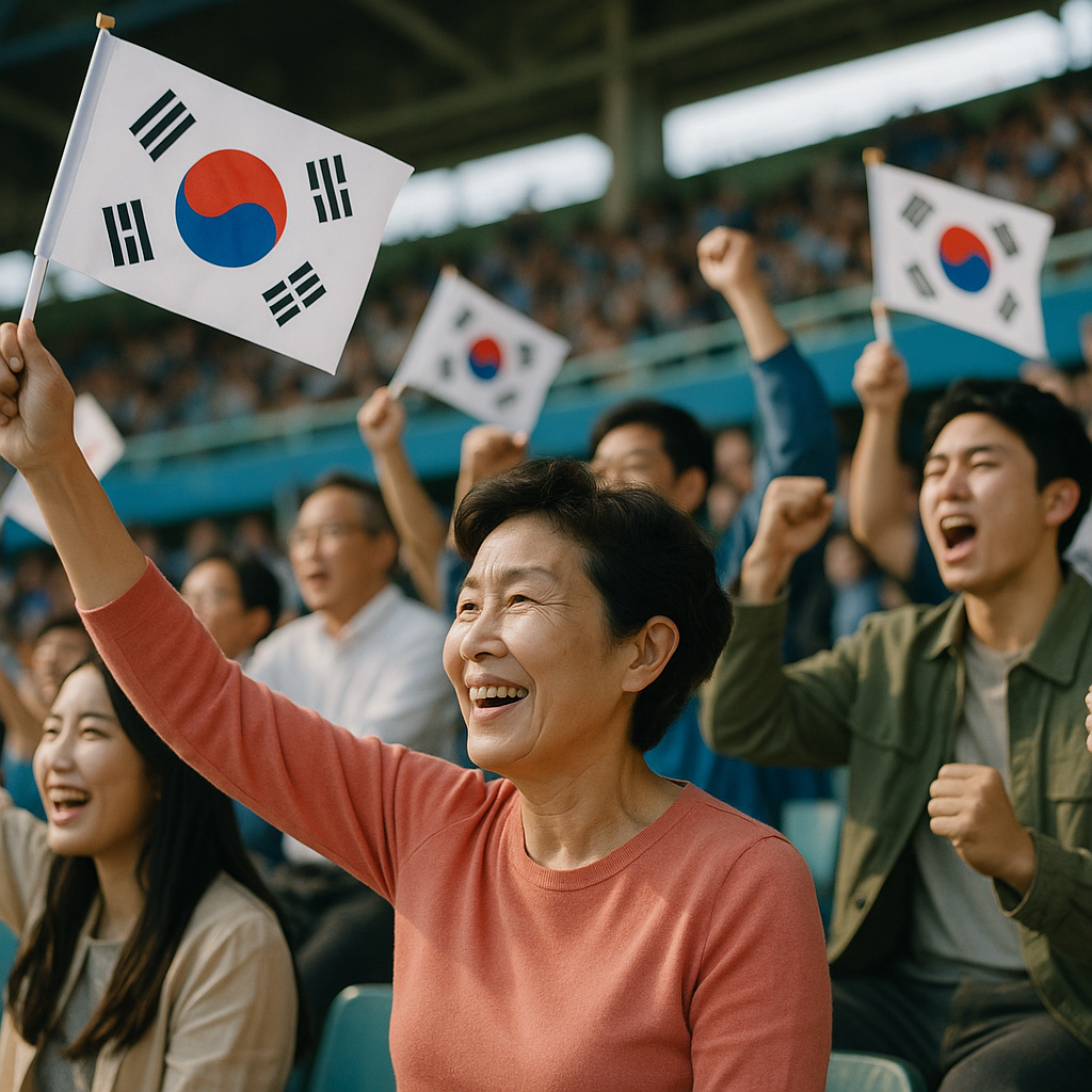 아시안게임 경기장에서 한국 국기를 든 관중들이 응원하는 모습