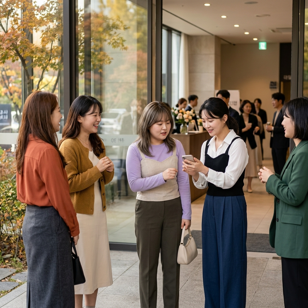 가을 결혼식장 입구에서 뷔스티에와 블라우스 셋업을 입은 하객들이 모여 있는 장면