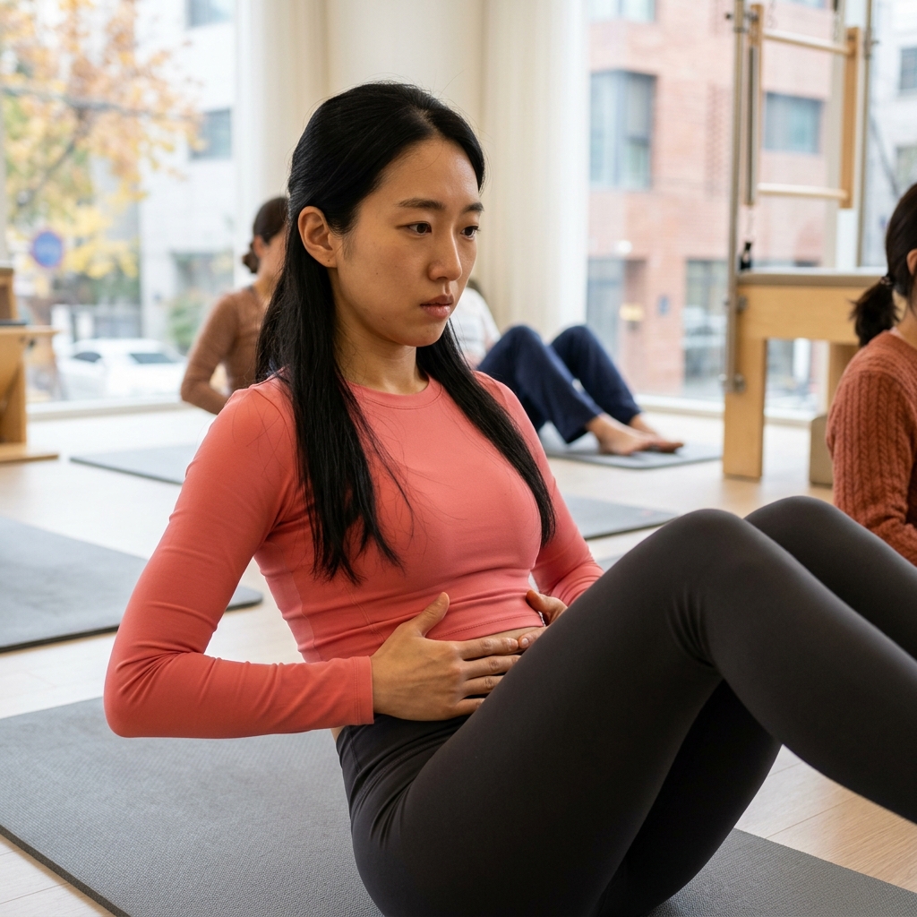 매트 위에서 필라테스 동작을 하다 숨을 멈춘 듯 경직된 표정으로 복부에 손을 얹고 있는 40대 여성