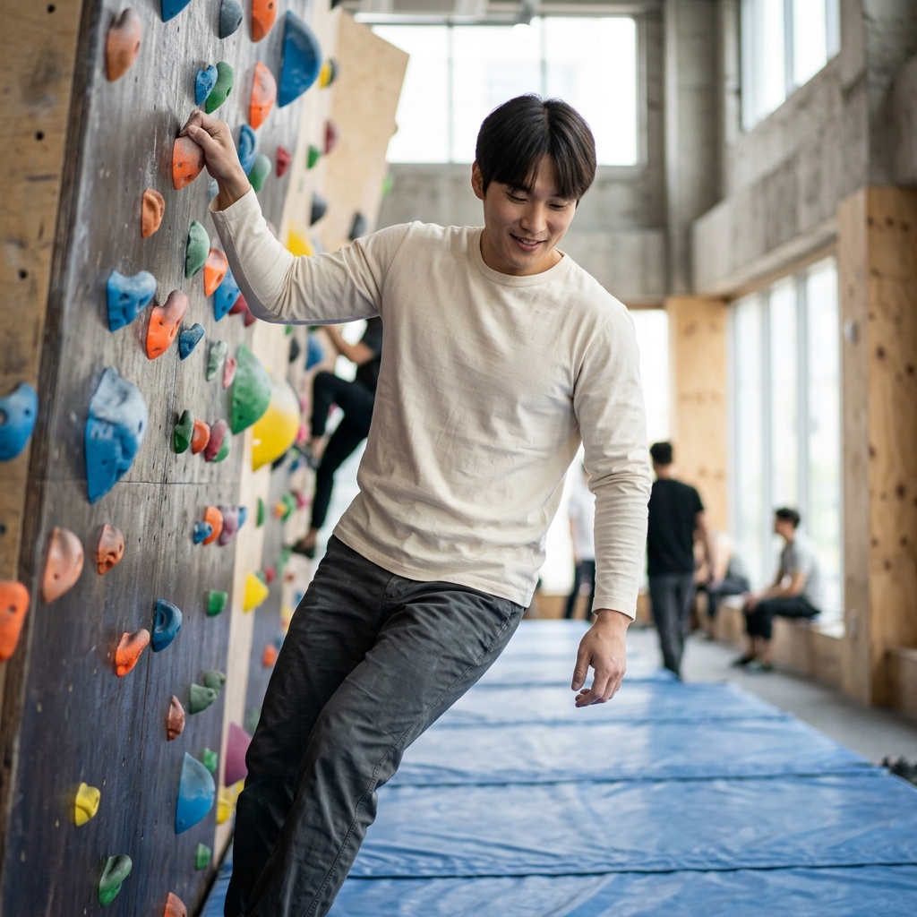 실내 볼더링장에서 벽을 내려오는 중인 20대 후반 남성, 한 손으로 홀드를 짚고 발을 천천히 내리며 매트를 확인하는 모습