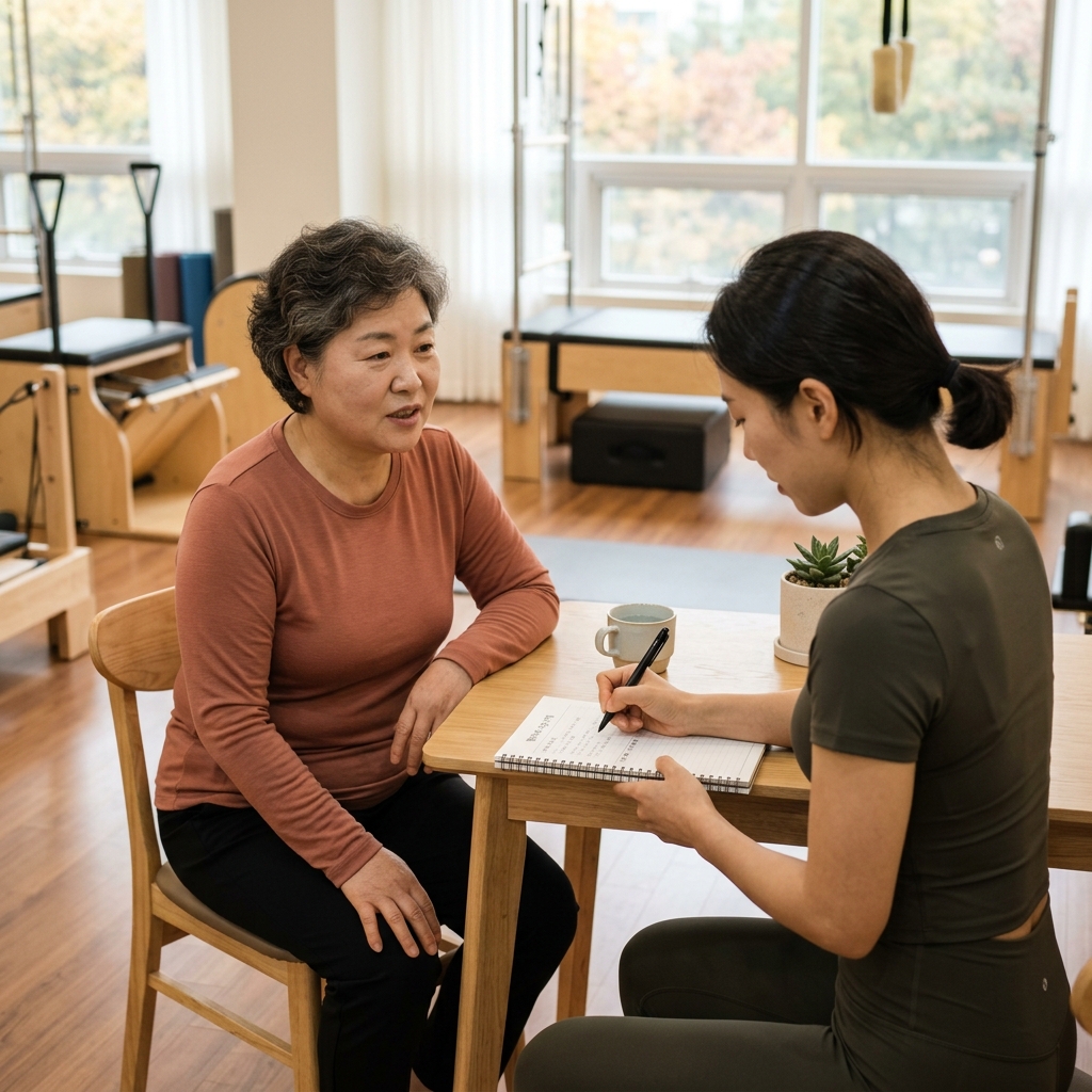 필라테스 센터에서 강사와 마주 앉아 상담 중인 50대 여성, 강사는 노트에 기록하고 있다