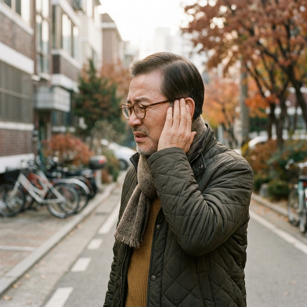 환절기 아침 찬 공기 속에서 귀를 감싸 쥔 채 불편함을 호소하는 중년 남성의 측면 모습