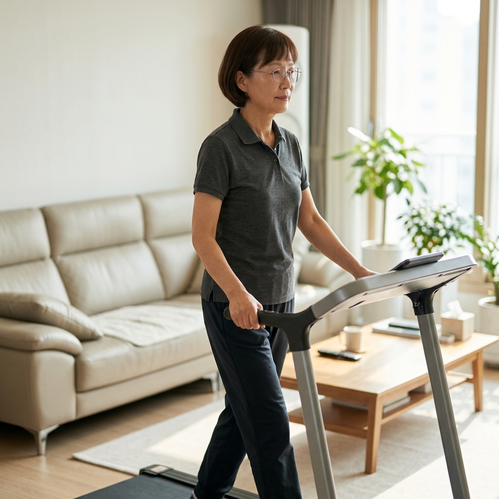 거실에서 손잡이를 잡고 워킹머신 위를 천천히 걷는 70대 여성, 얇은 반팔 셔츠 착용