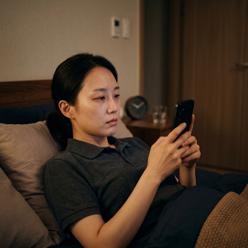 어두운 방에서 침대에 누워 스마트폰을 보고 있는 중장년 여성, 얼굴에 피로가 역력한 모습