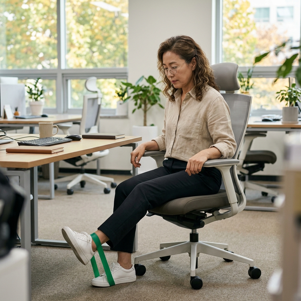 사무실 의자에 앉아 탄력 밴드를 발에 걸고 발목 외전 운동을 하는 직장인 모습