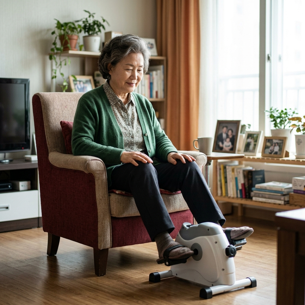 거실 의자에 앉아 발밑의 작은 페달 기구를 천천히 돌리는 70대 여성의 모습