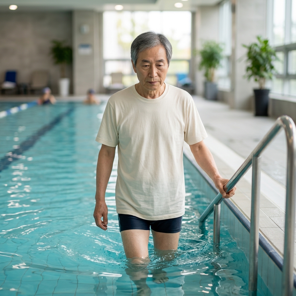 60대 남성이 수영장 얕은 물에서 천천히 걷는 모습, 손잡이를 가볍게 잡고 있음