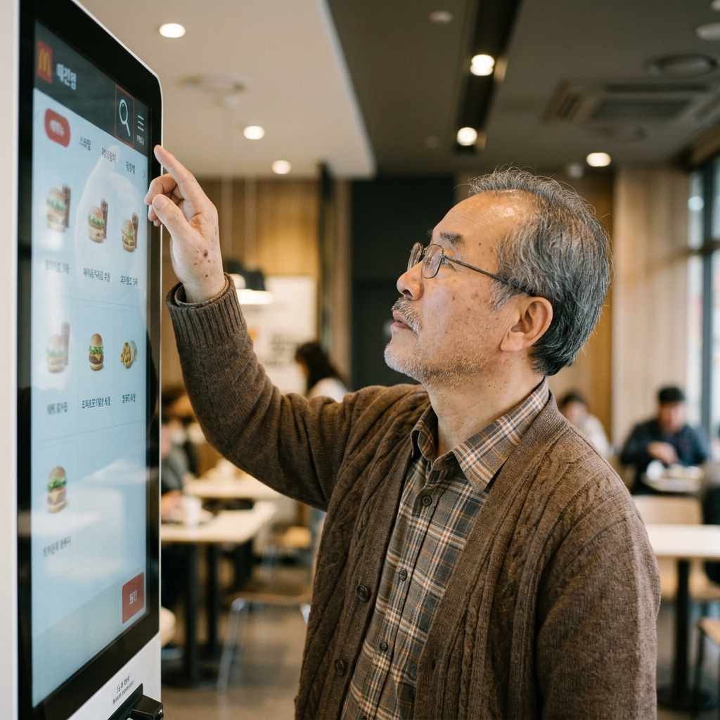 70대 노년층이 패스트푸드점 키오스크 화면 상단의 돋보기 아이콘을 손가락으로 터치하는 장면, 화면 속 메뉴명 글씨가 커진 모습