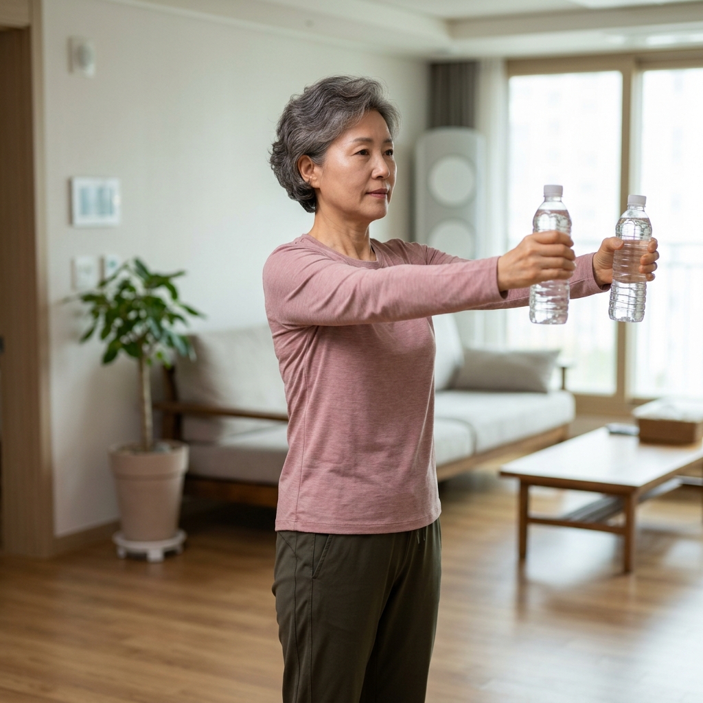 50대 중반 여성이 거실에서 500mL 생수병을 양손에 들고 팔을 앞으로 어깨 높이까지 들어올리는 모습, 허리는 곧게 펴고 팔꿈치는 살짝 구부린 자세