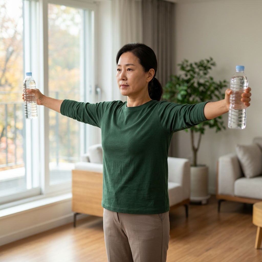 60대 초반 남성이 거실 창가에서 1L 물병을 양손에 들고 팔을 옆으로 어깨 높이까지 벌려 올린 모습, 허리는 곧게 펴고 손목과 팔꿈치는 일직선