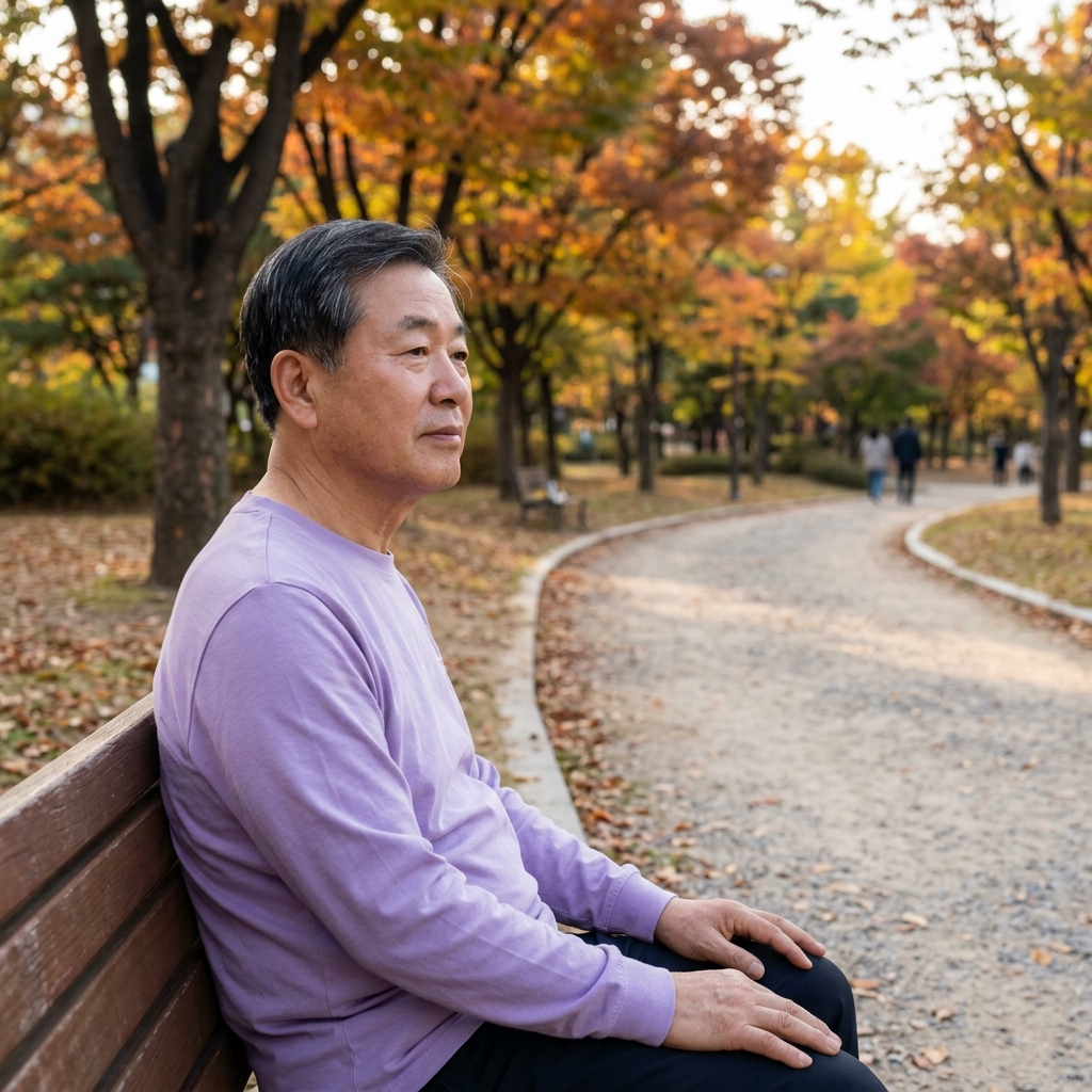 공원 벤치에 혼자 앉아 산책로를 바라보는 60대 남성, 가을 단풍이 물든 오후 배경