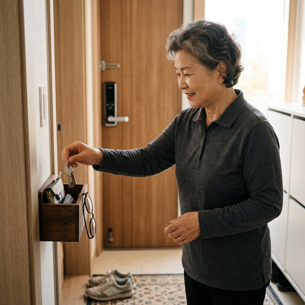 현관 옆 작은 보관함에 열쇠와 안경을 넣고 있는 70대의 손