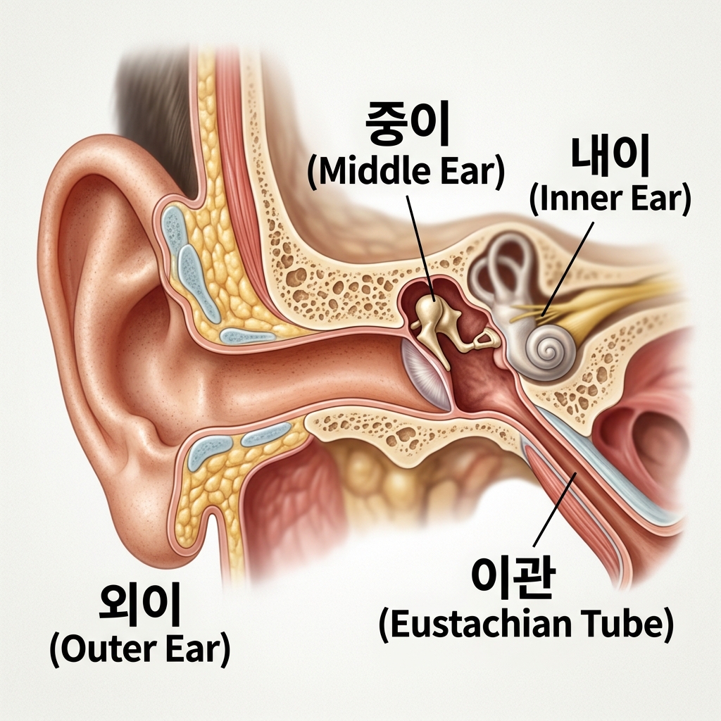 귀 단면도, 중이와 이관의 위치가 표시된 의학 삽화