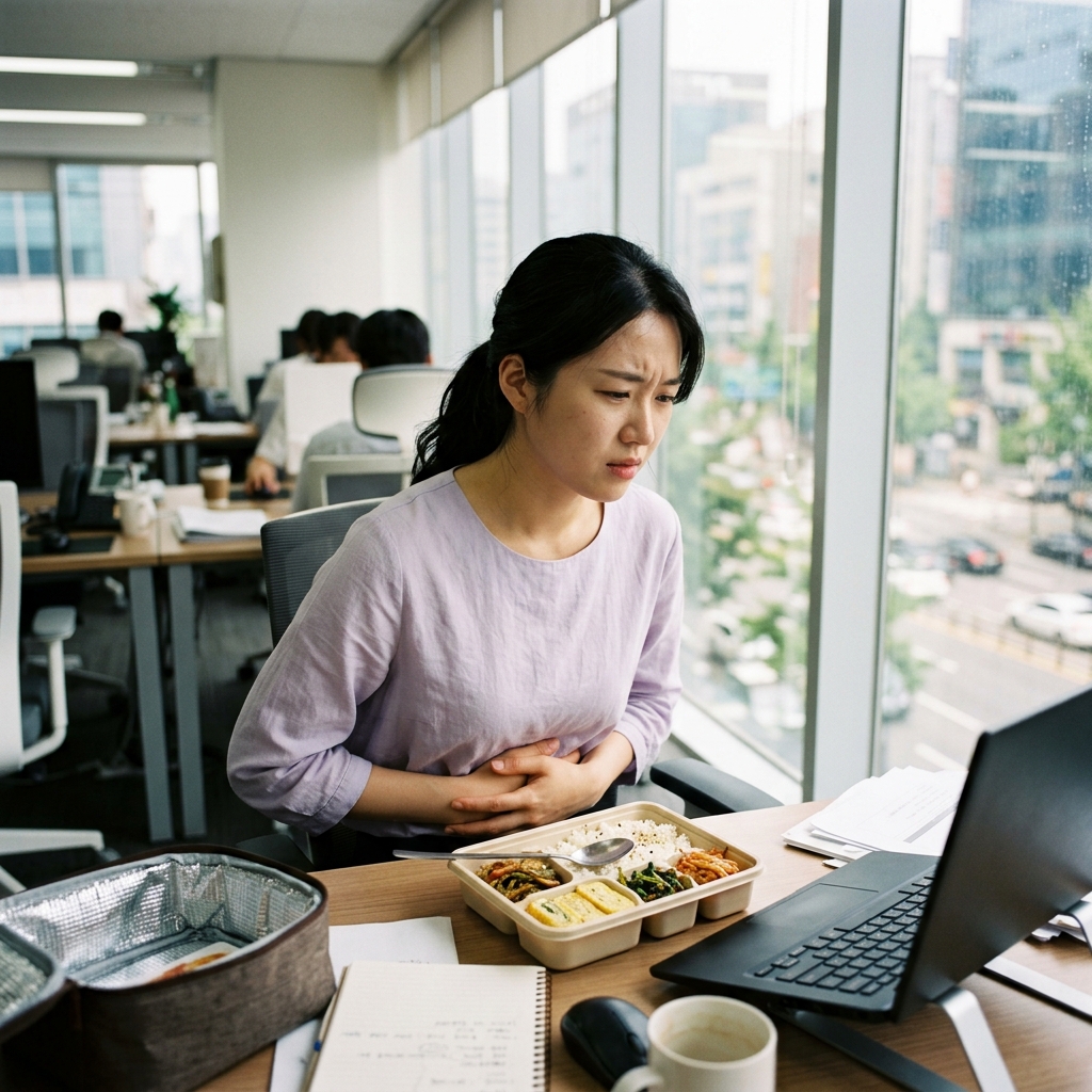 20대 직장인이 사무실 책상에서 도시락을 반쯤 남긴 채 배를 손으로 감싸고 불편한 표정을 짓고 있는 장면, 창밖으로 초여름 햇살이 들어오는 실내