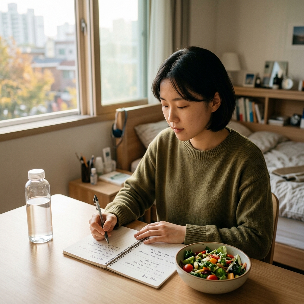 침실 책상 위에 물병과 채소 샐러드가 놓여 있고, 20대 여성이 앉아서 노트에 식사 시간과 배변 기록을 적고 있는 장면, 창밖으로 아침 햇살
