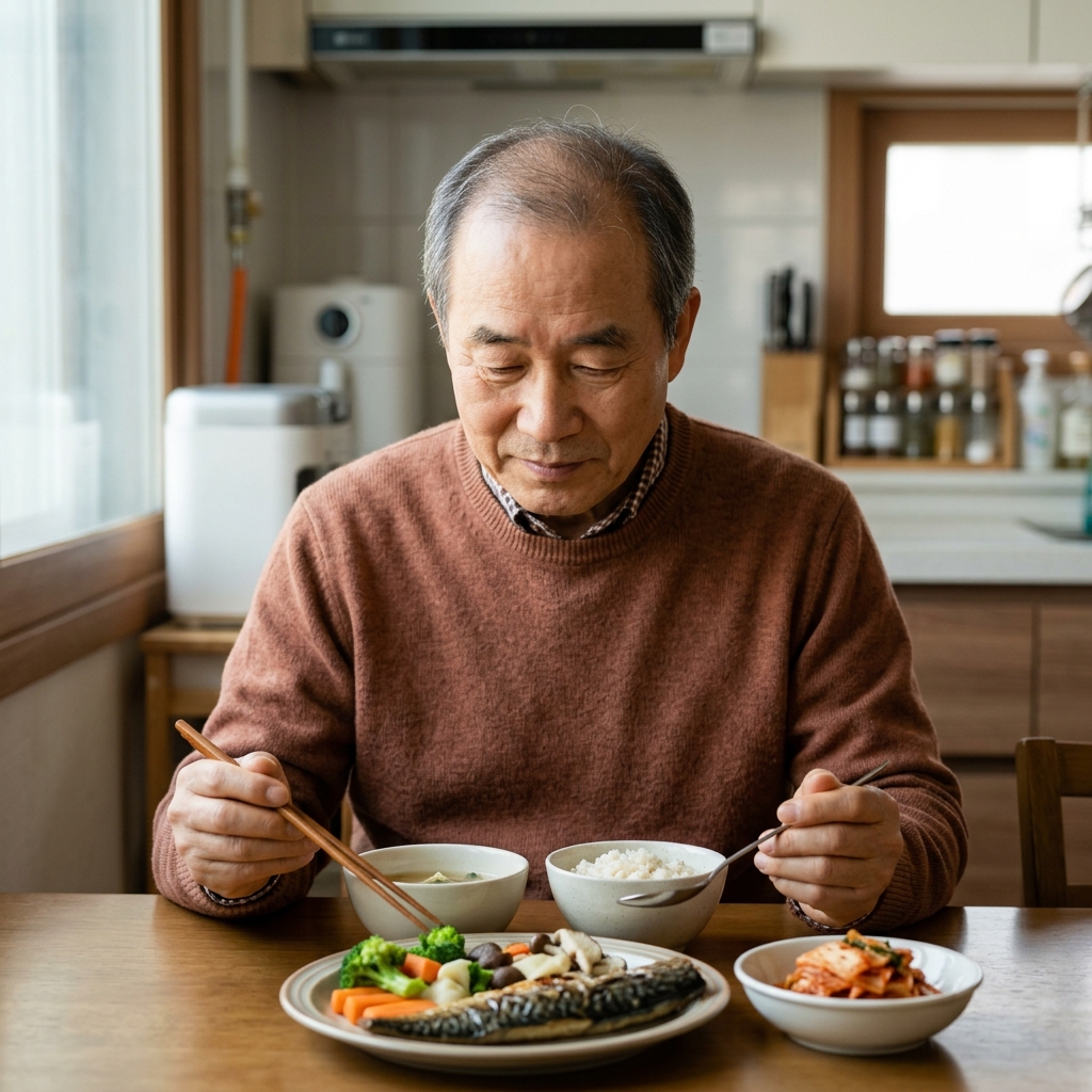 식탁에 앉아 채소와 생선이 담긴 접시 앞에서 식사 순서를 조절하며 먹는 70대 초반 남성